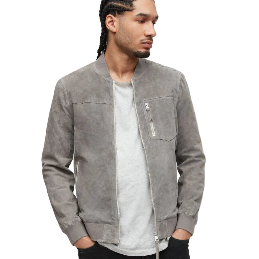 men’s grey suede leather bomber jacket front view
