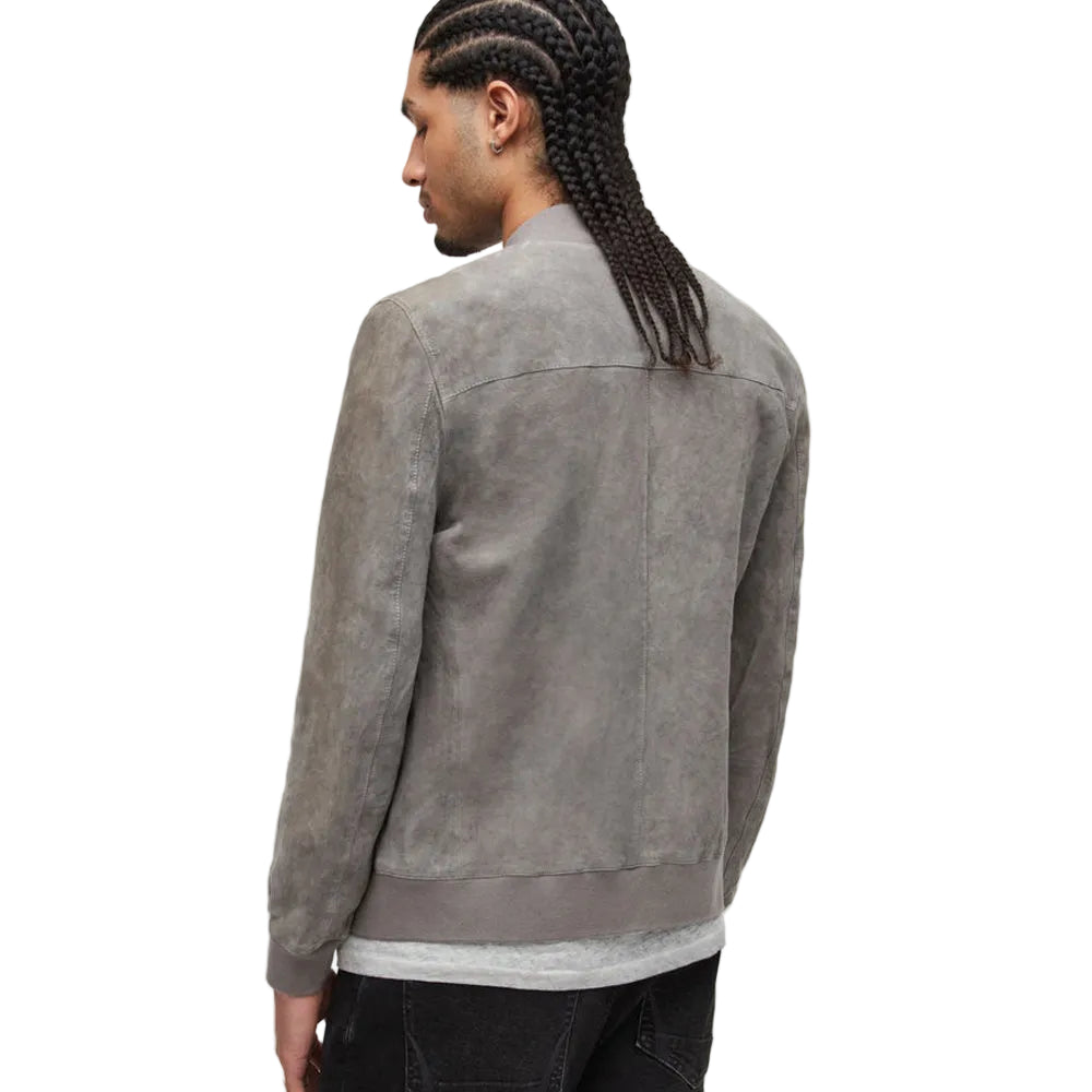 men’s grey suede leather bomber jacket side angle