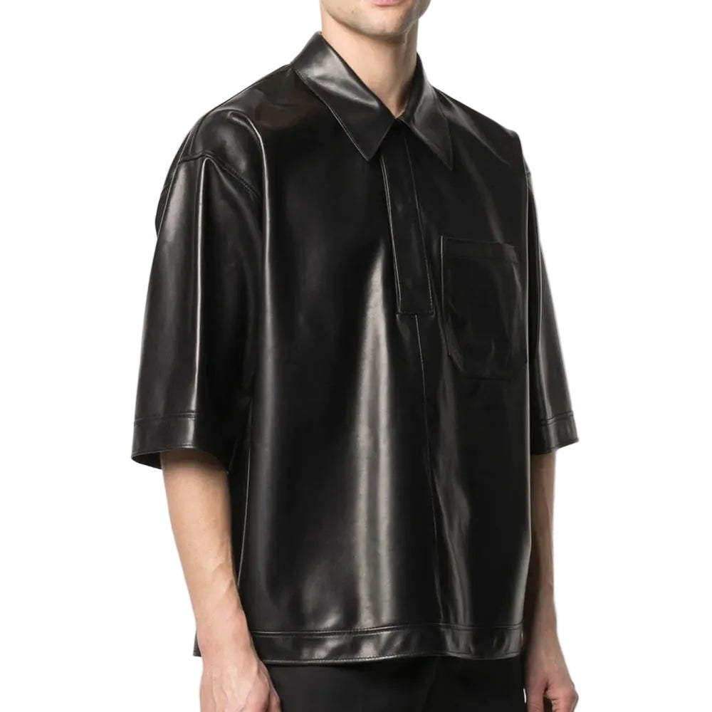 men's black sheepskin leather shirt lennox back view