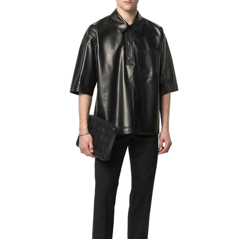 men's black sheepskin leather shirt lennox detail close up