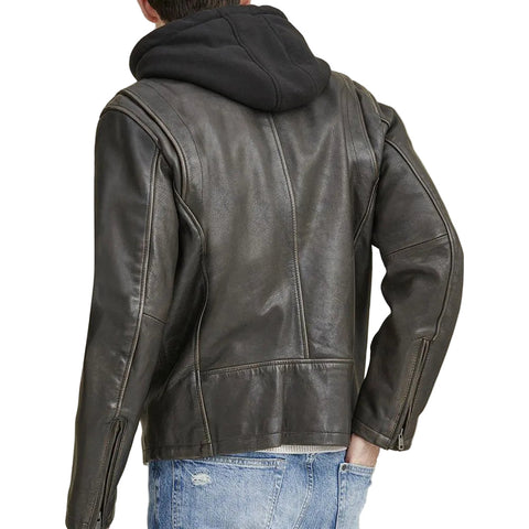 Mens Hooded Biker Leather Jacket