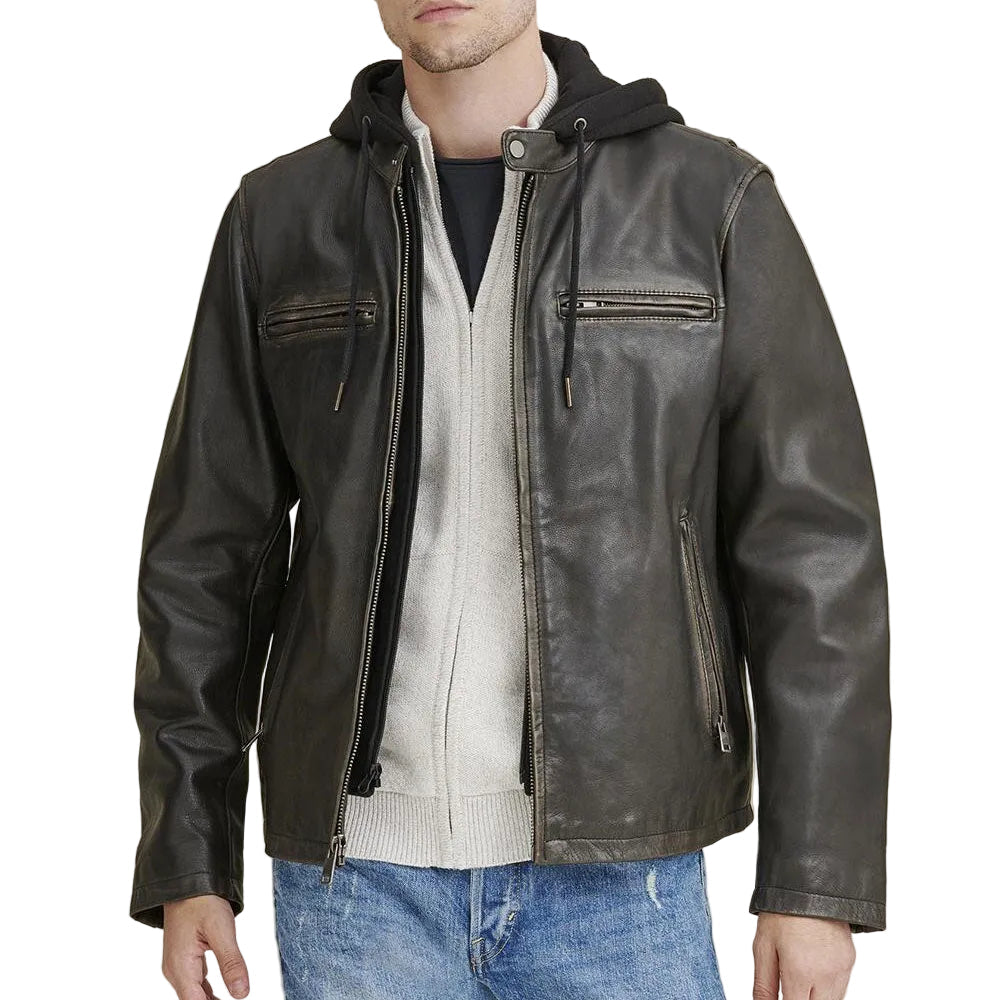Mens Hooded Biker Leather Jacket