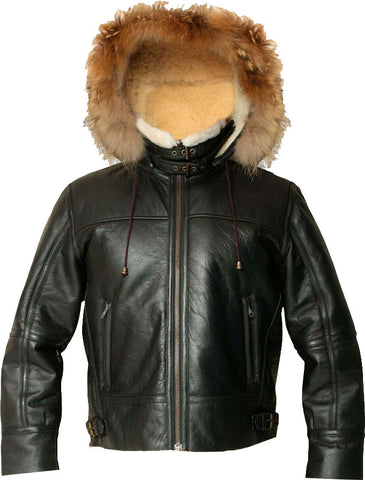 Mens Hooded Flight Bomber Leather Jacket With Fur