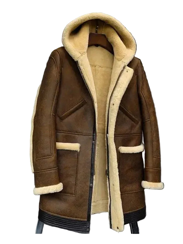 Mens Hooded Sheepskin Shearling Leather Jacket