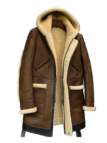 Mens Hooded Sheepskin Shearling Leather Jacket