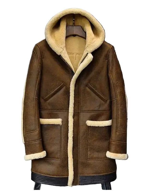 Mens Hooded Sheepskin Shearling Leather Jacket
