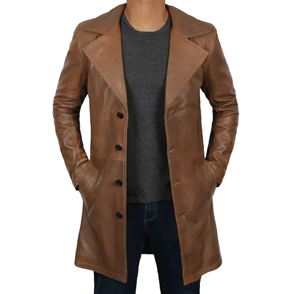 men's brown distressed leather leather coat alaric front view