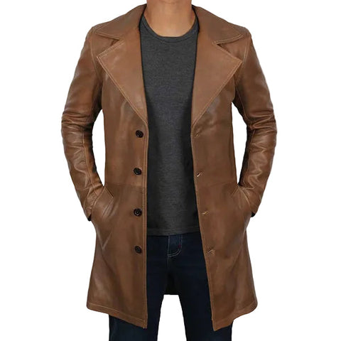 men's brown distressed leather leather coat alaric front view