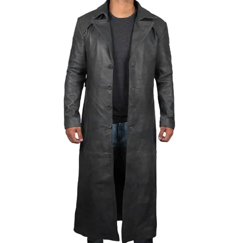 Mens Leather Black Winter Trench Coat - Full Length Overcoat