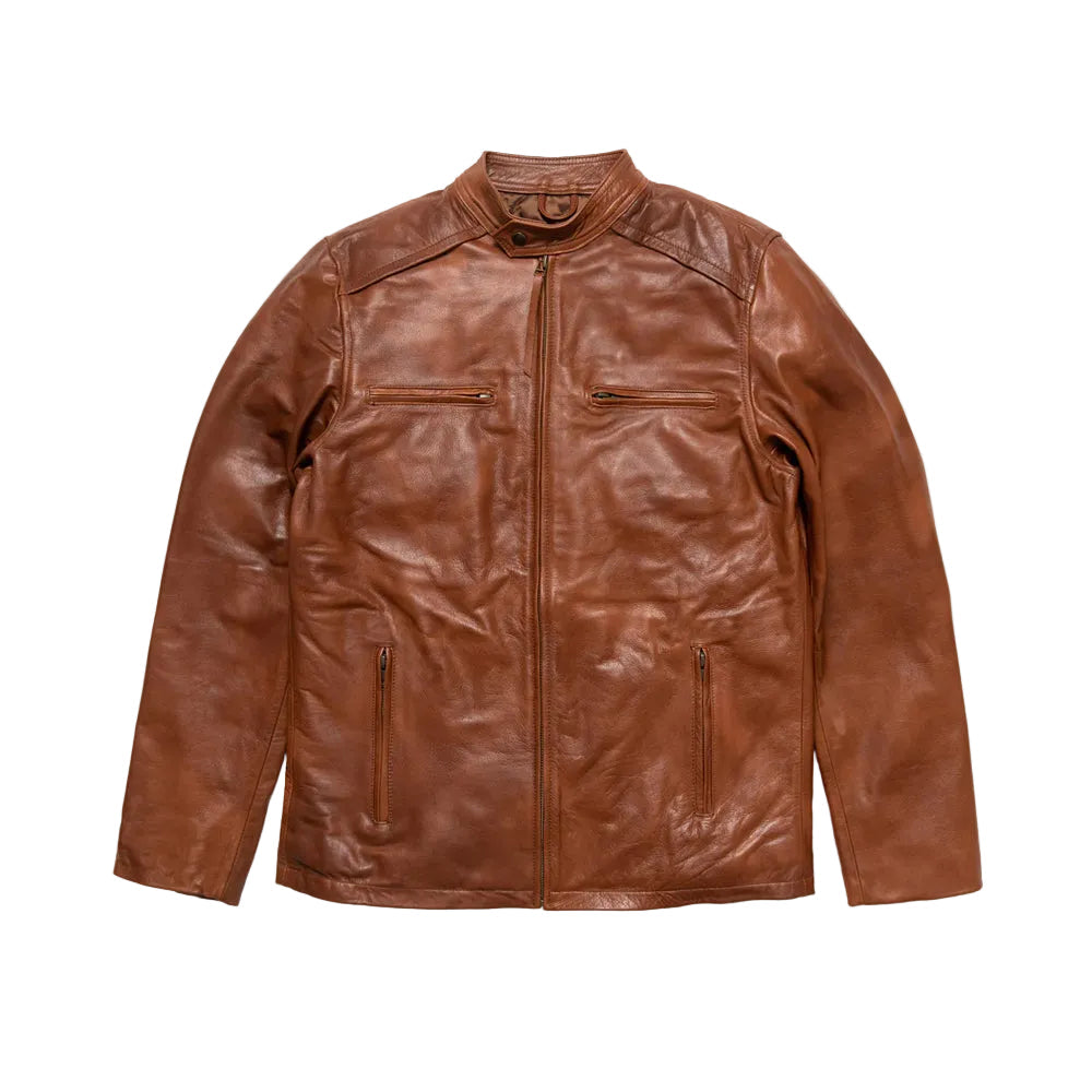 men's light brown leather racer jacket conrad front view