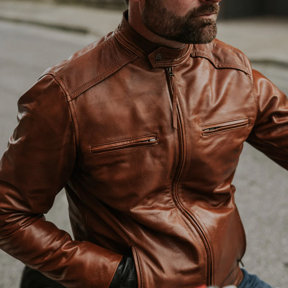 men's light brown leather racer jacket conrad detail close up