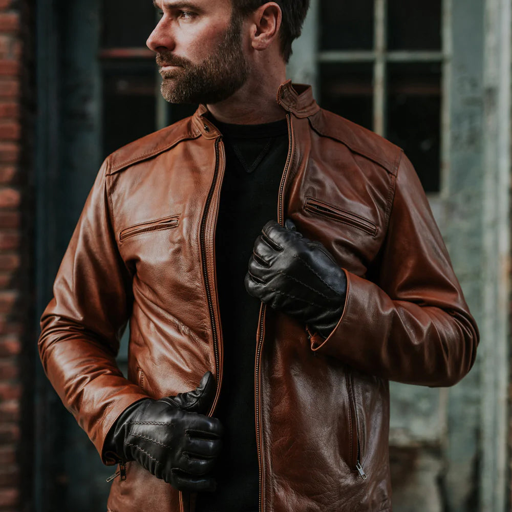 men's light brown leather racer jacket conrad texture detail