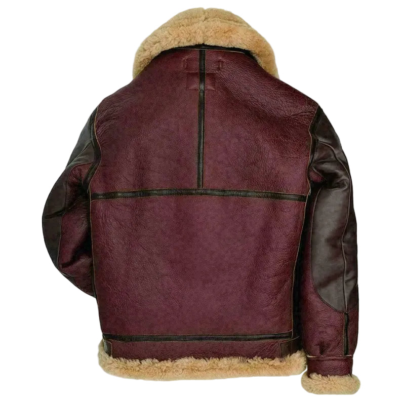 Mens Maroon RAF Aviator Fur Shearling B3 Flying Brown Bomber Real Leather Jacket