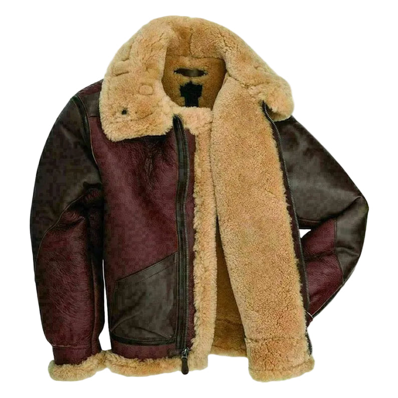Mens Maroon RAF Aviator Fur Shearling B3 Flying Brown Bomber Real Leather Jacket