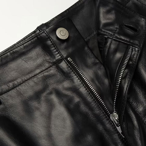 men's black leather pants henrik detail close up
