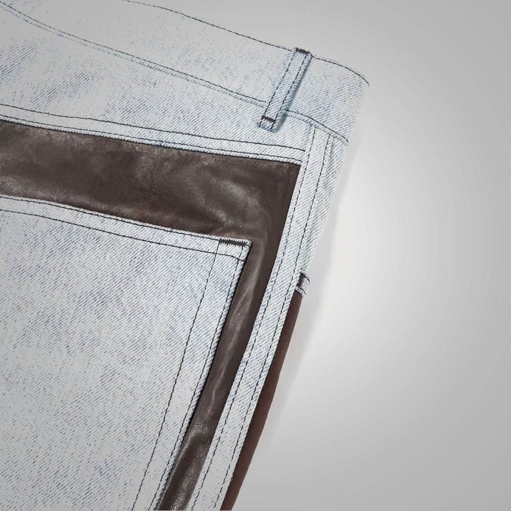 men's black leather pants conrad detail close up