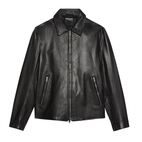 Mens Pointed Collar Black Shirt Style Leather Jacket