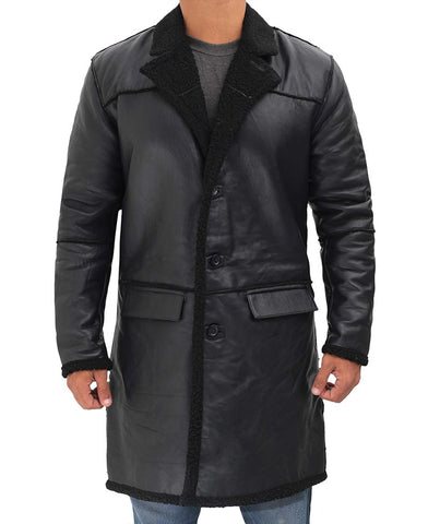 Mens Premium Black Shearling Winter Leather Coat