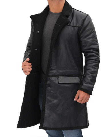 Mens Premium Black Shearling Winter Leather Coat
