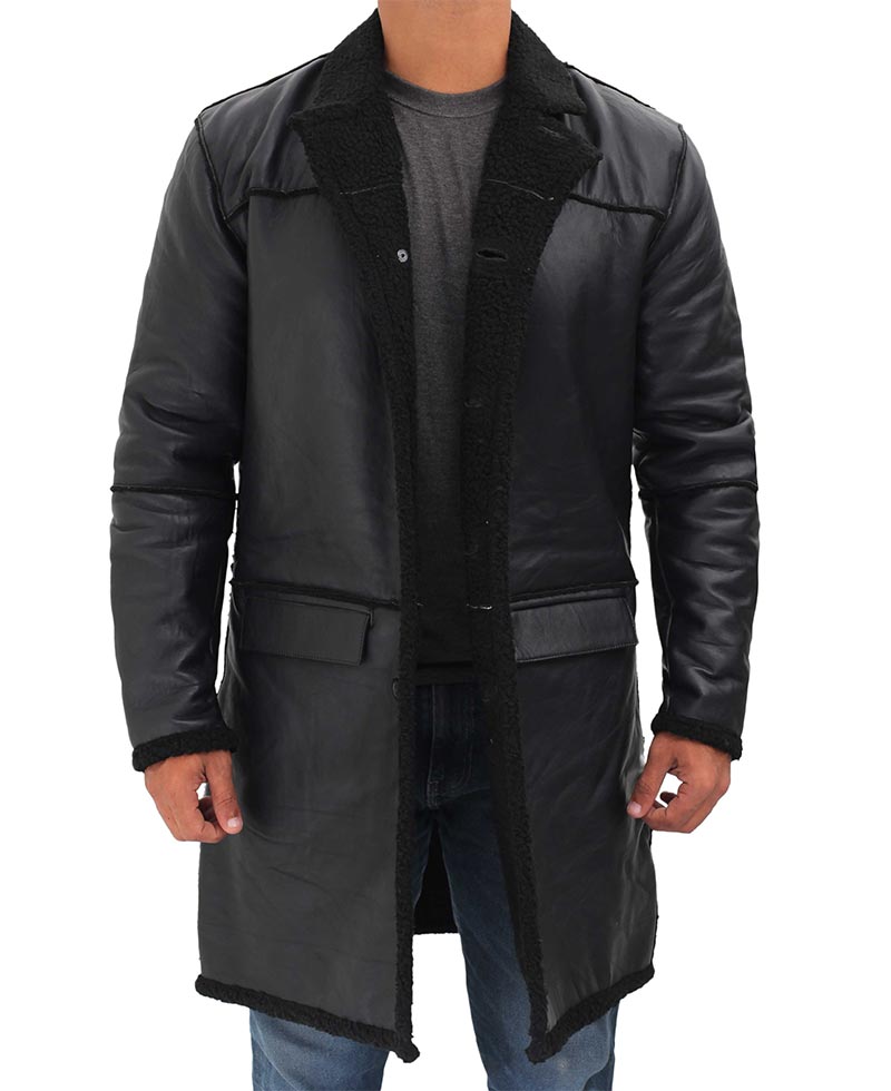 Mens Premium Black Shearling Winter Leather Coat