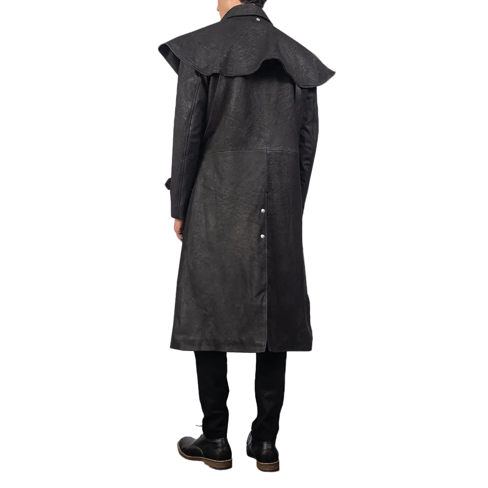 Mens Premium Sheepskin Leather Studded Black Leather Duster Coat
