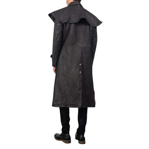 Mens Premium Sheepskin Leather Studded Black Leather Duster Coat