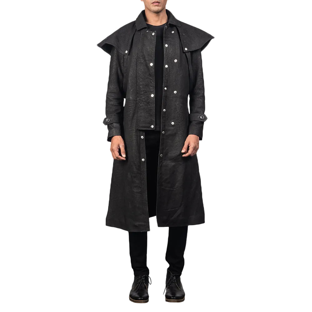 Mens Premium Sheepskin Leather Studded Black Leather Duster Coat