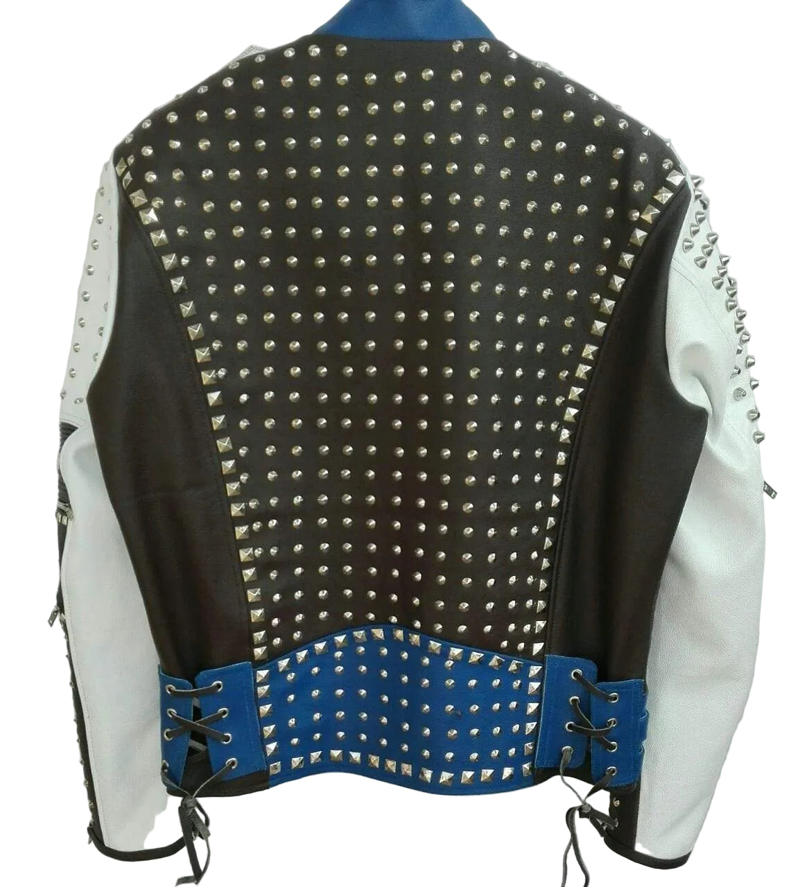Mens Punk Blue White Silver Studded Cowhide Leather Jacket
