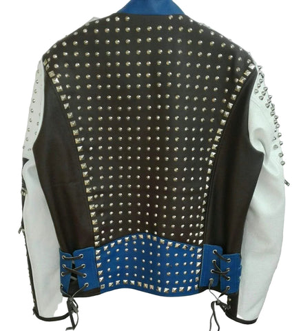 Mens Punk Blue White Silver Studded Cowhide Leather Jacket