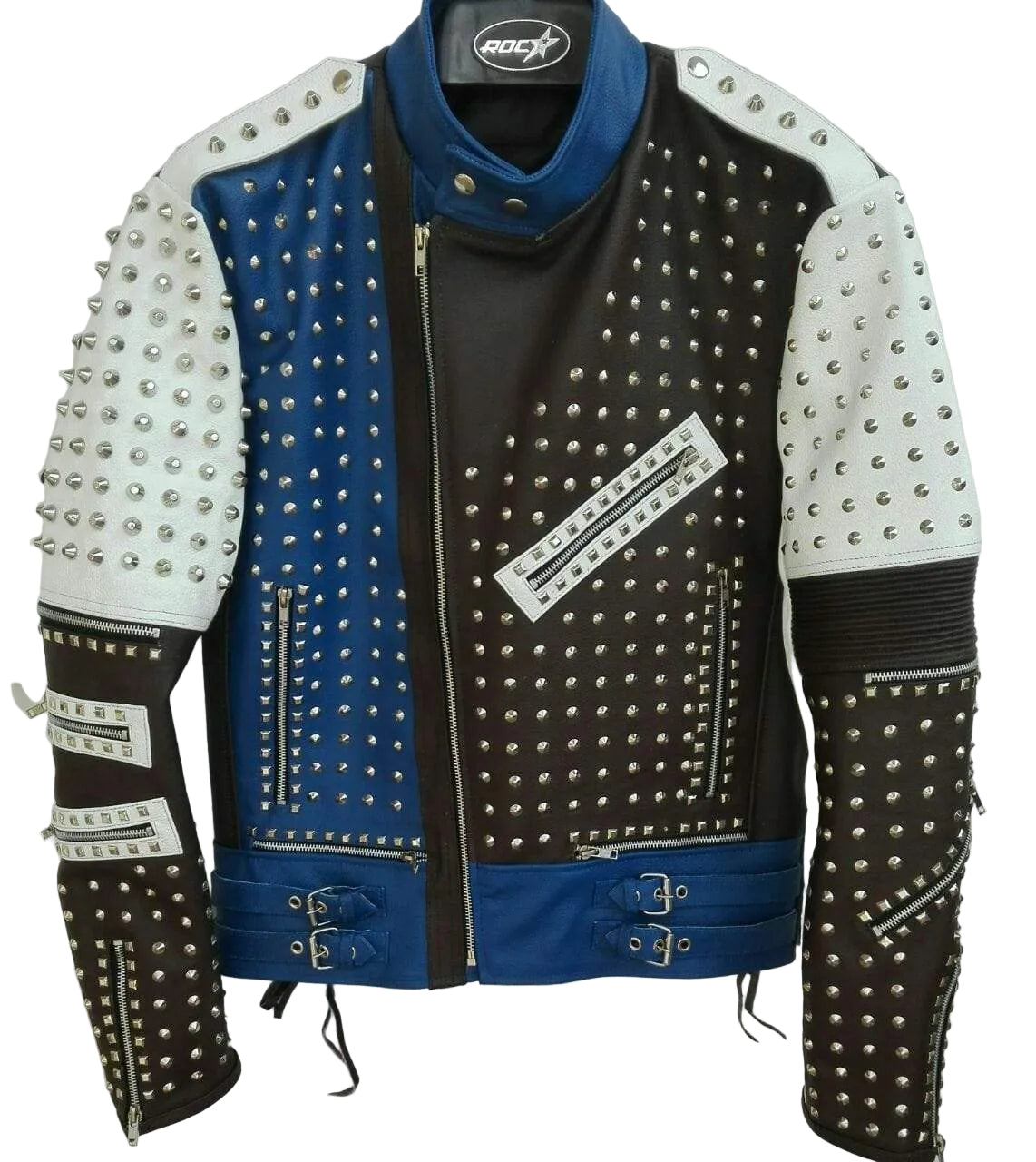 Mens Punk Blue White Silver Studded Cowhide Leather Jacket