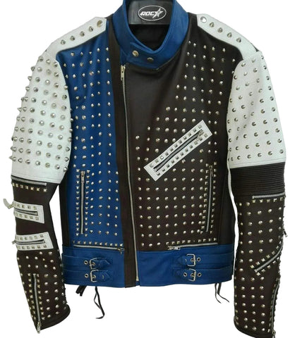 Mens Punk Blue White Silver Studded Cowhide Leather Jacket