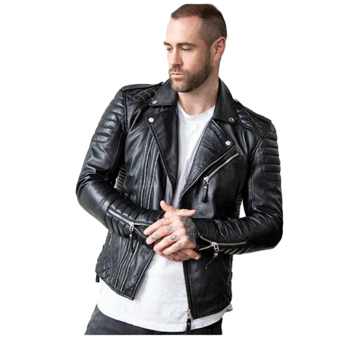 men’s black cowhide leather biker jacket front view