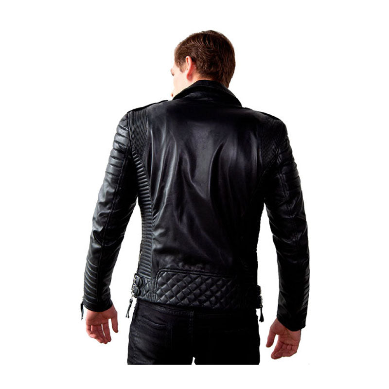 men’s black cowhide leather biker jacket side angle