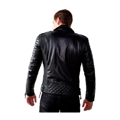 men’s black cowhide leather biker jacket side angle