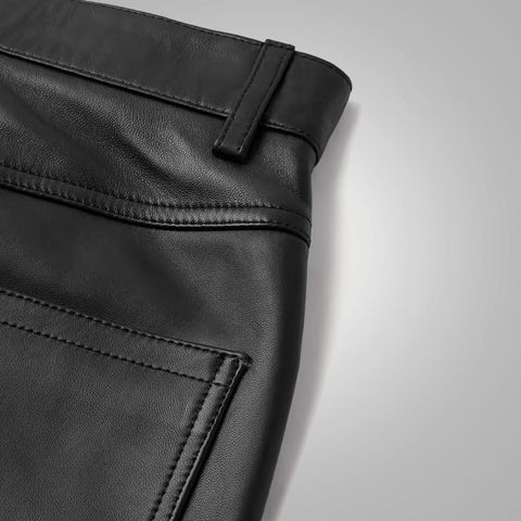 men's black sheepskin leather pants cassian detail close up