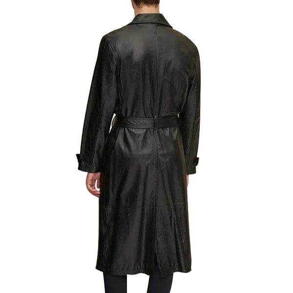 Mens Retro Leather Vintage Long Trench Coat