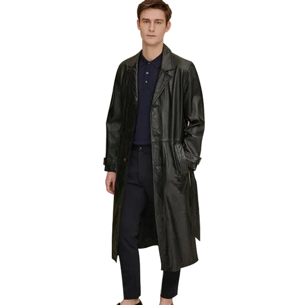 Mens Retro Leather Vintage Long Trench Coat
