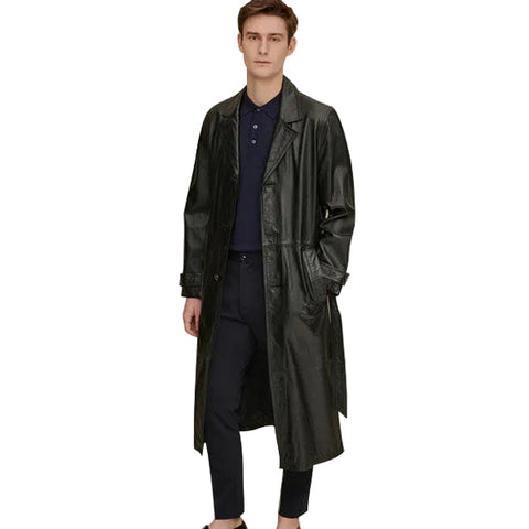 Mens Retro Leather Vintage Long Trench Coat