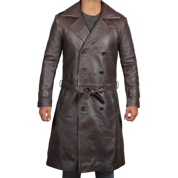 Mens Rorschach Distressed Brown Travelling Winter Long Leather Trench Coat