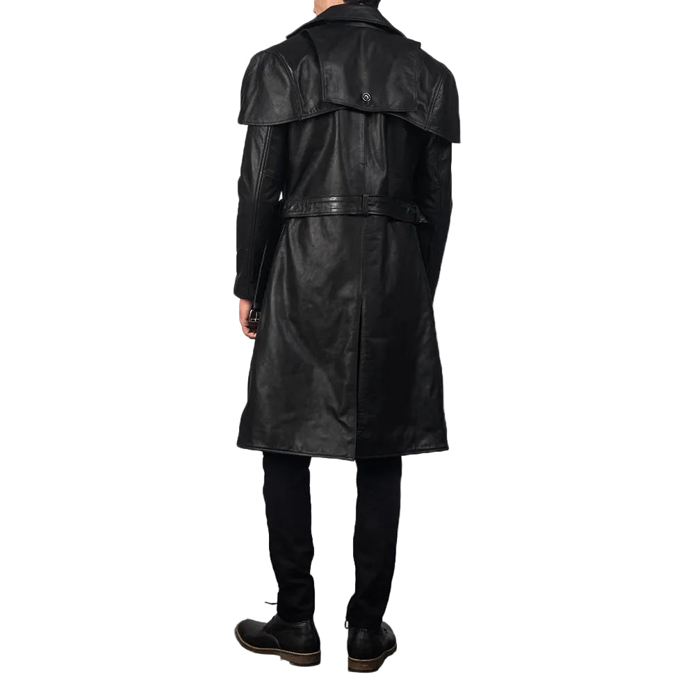 Mens Shinny Black Belted Lambskin Leather Duster Coat