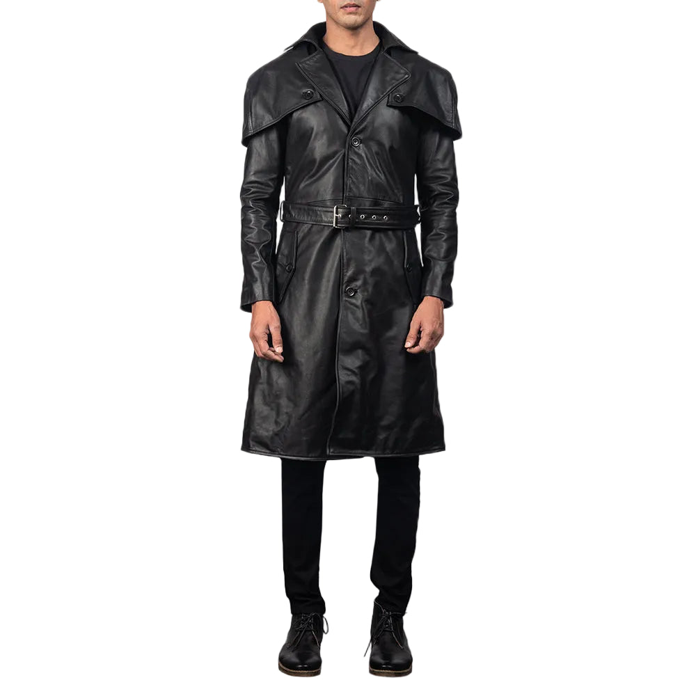 Mens Shinny Black Belted Lambskin Leather Duster Coat