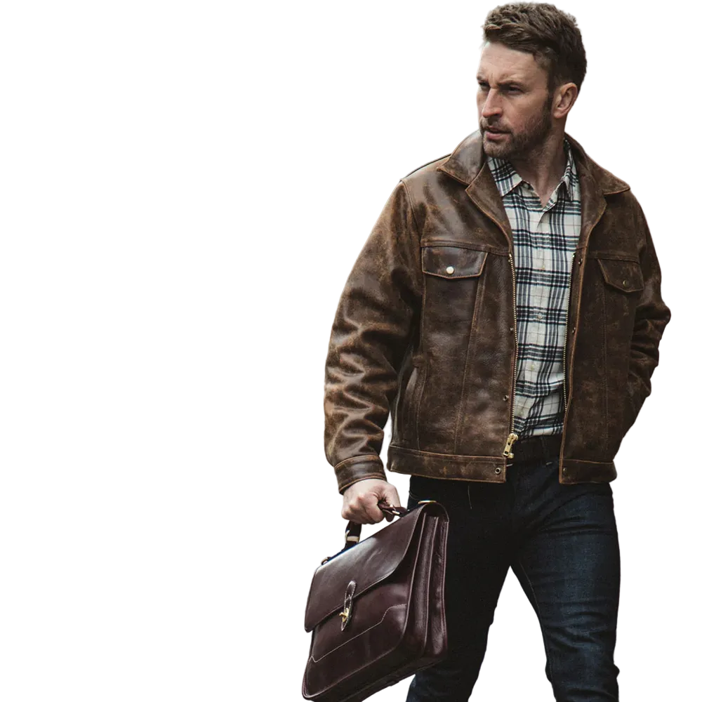 Mens brown Distressed Real Leather Four Pocket Leather Jacket
