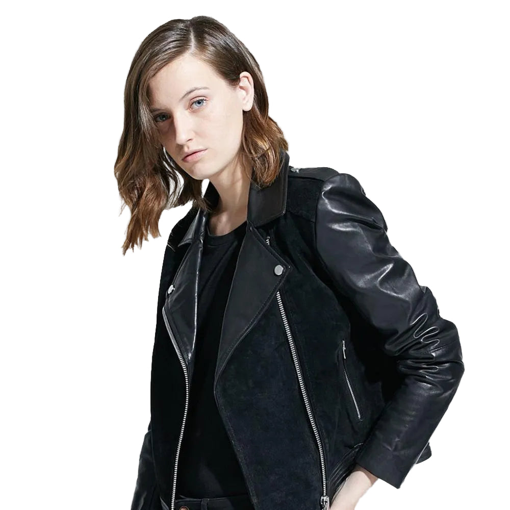 women's black lambskin leather biker jacket estelle front view