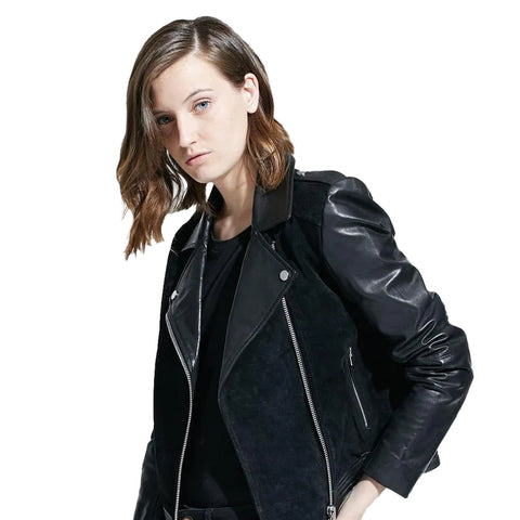 women's black lambskin leather biker jacket estelle front view