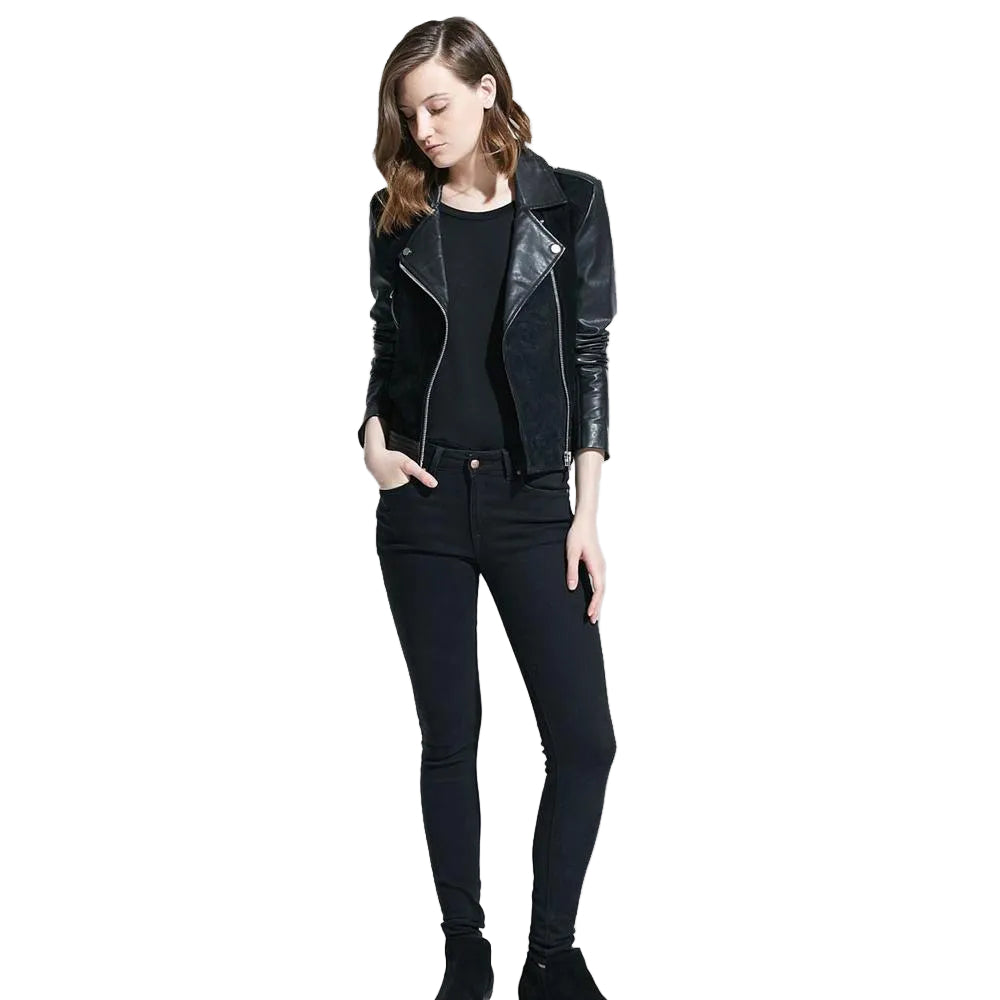 women's black lambskin leather biker jacket estelle side angle