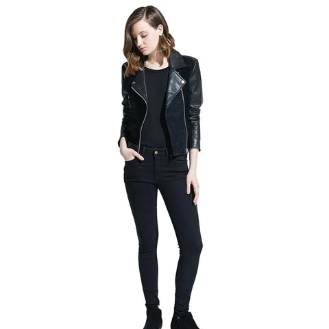 women's black lambskin leather biker jacket estelle side angle