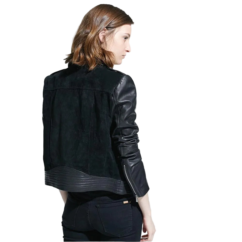 women's black lambskin leather biker jacket estelle detail close up