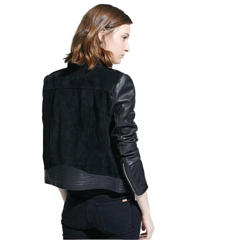 women's black lambskin leather biker jacket estelle detail close up
