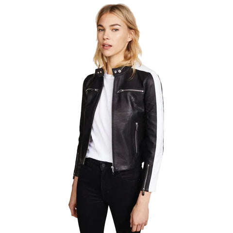 women's black lambskin leather racer jacket elara front view