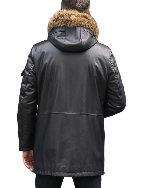 Mink Coat Long Winter Overcoat Black Leather Parkas Fur Outwear